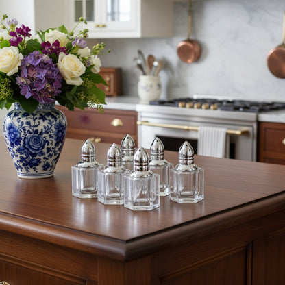 Set of Six Clear And Silver Cut Crystal Individual Salt and Pepper Shakers