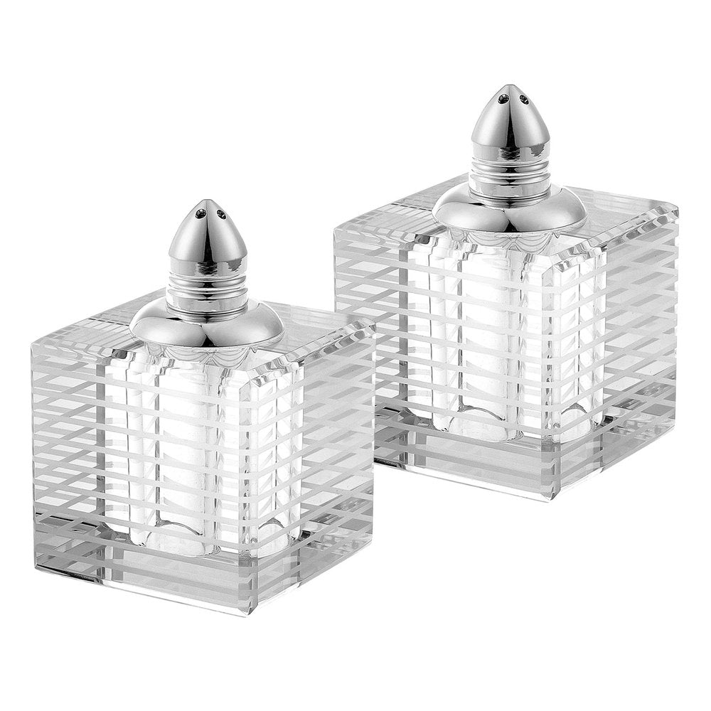 Set of Two Clear And Silver Crystal Striped Pepper Shakers