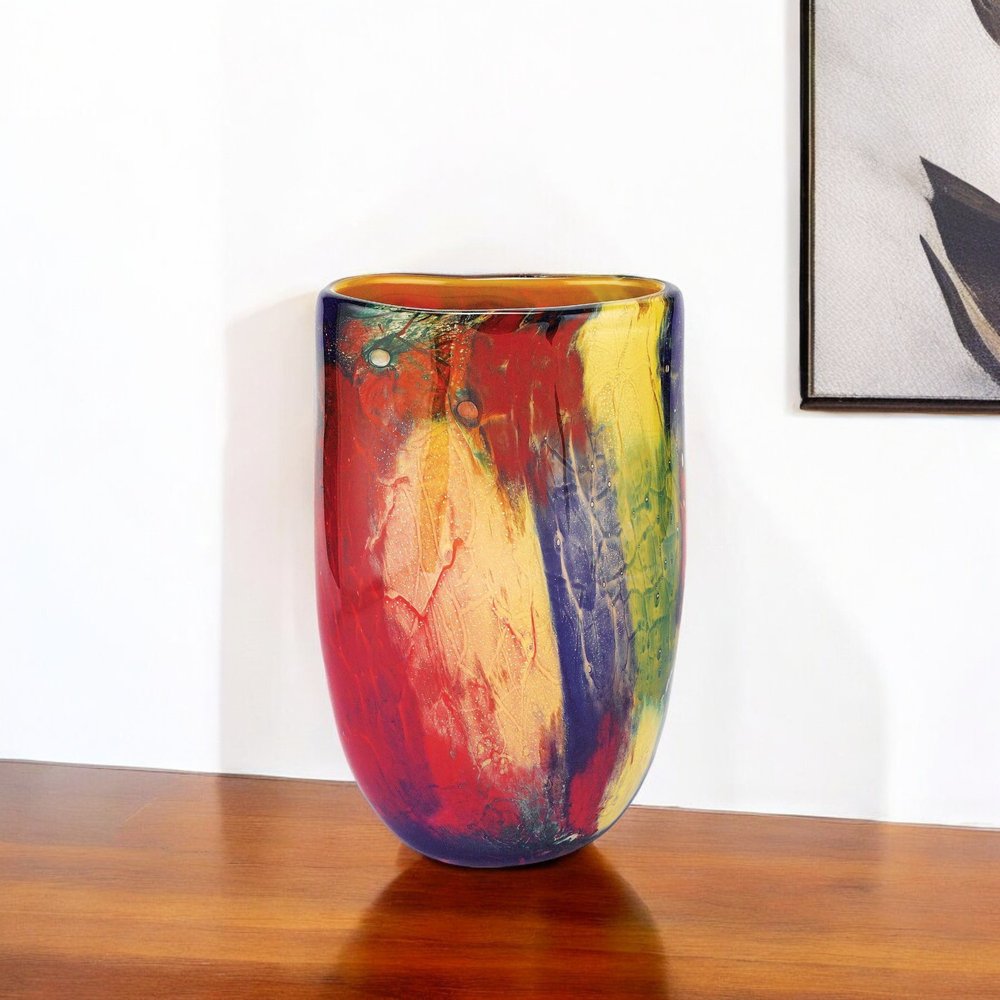 11"  Red Purple And Yellow Abstract Oval Murano Glass Table Vase