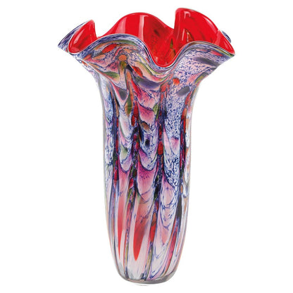 17" Blue Red And White Abstract Wavy Murano Glass Table Vase