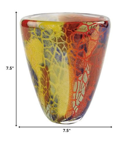 8" Orange Red and Yellow Murano Glass Abstract Oval Table Vase