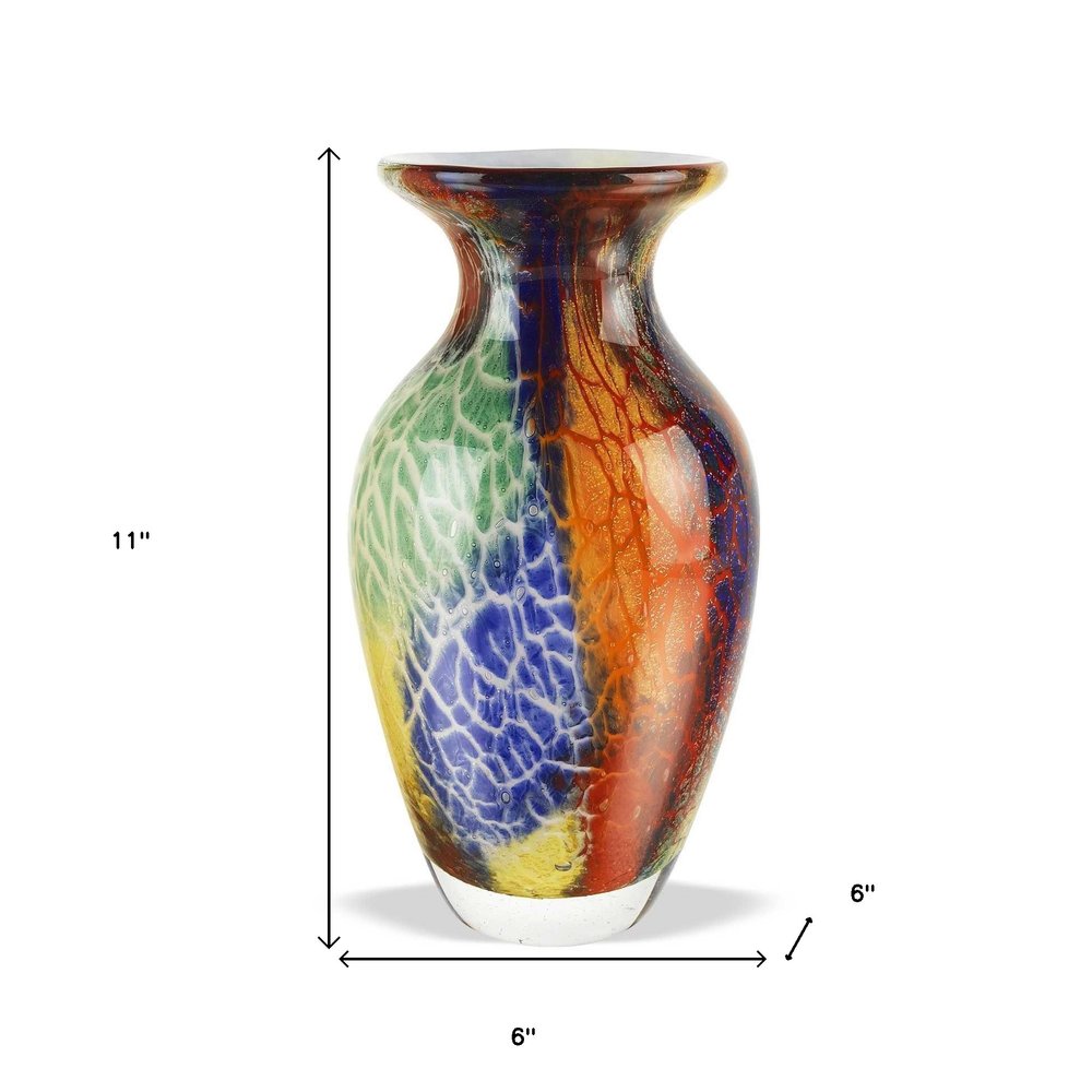 11" Blue Green And Orange Urn Murano Glass Table Vase