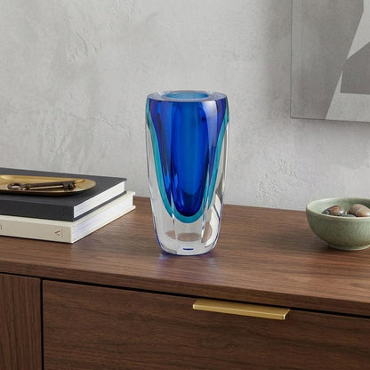 6" Blue And Clear Cylinder Crystal Glass Table Vase