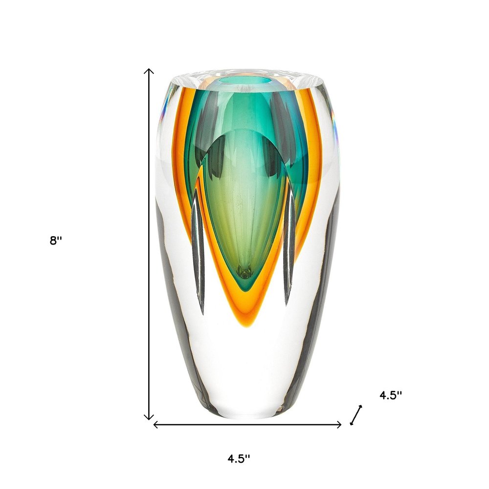 6" Clear Amber and Green Abstract Murano Glass Table Vase