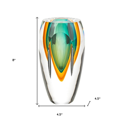6" Clear Amber and Green Abstract Murano Glass Table Vase