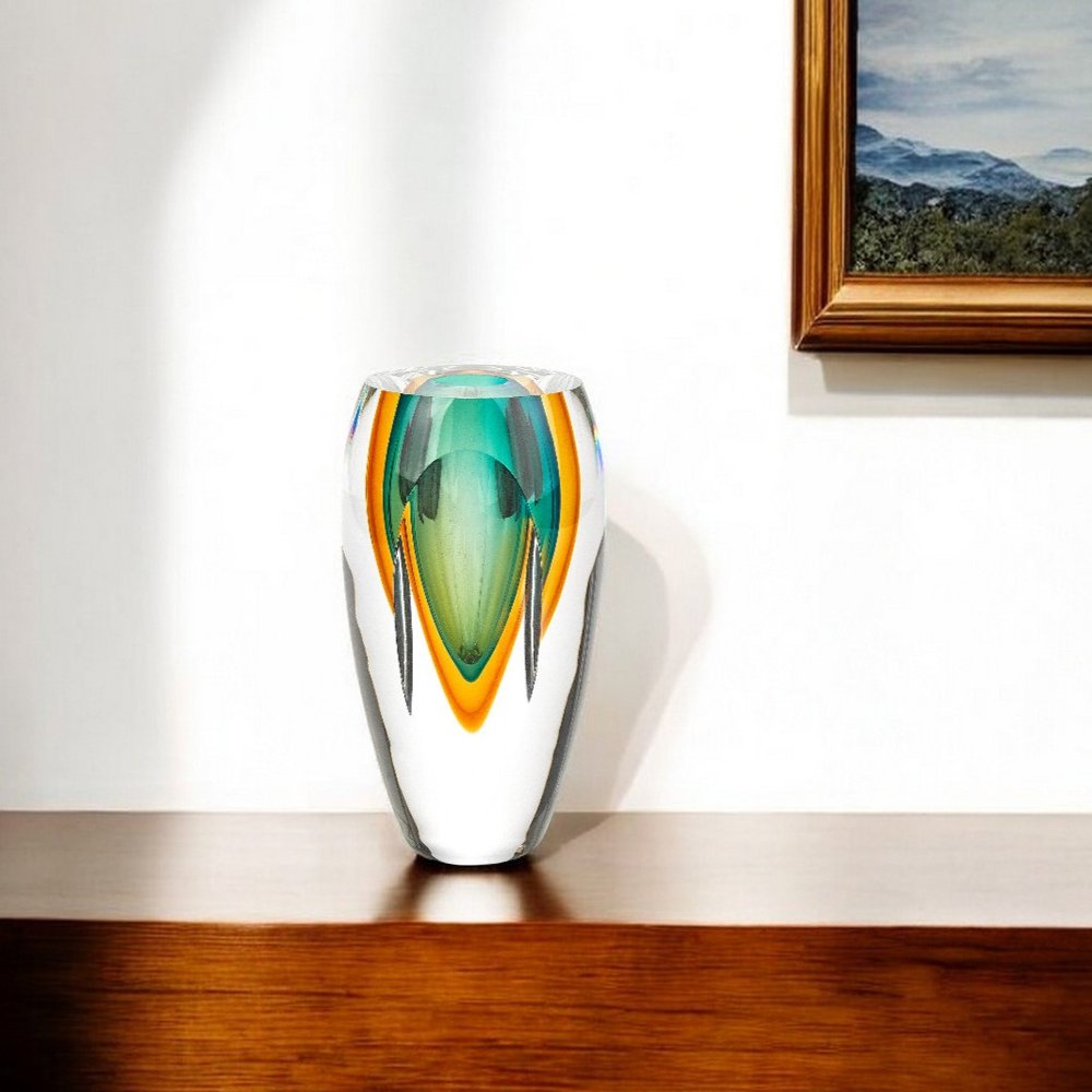 6" Clear Amber and Green Abstract Murano Glass Table Vase
