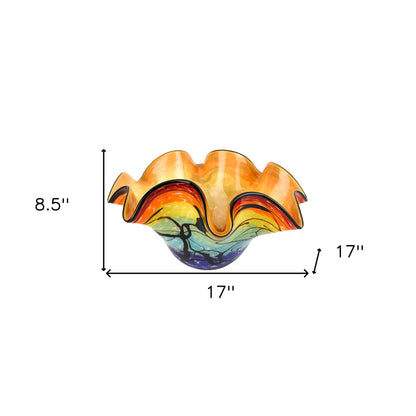 17" Red Yellow and Green Wavy Glass Centerpiece Bowl