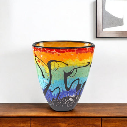 8" Red Orange Blue And Black Blue Abstract Oval Murano Glass Table Vase