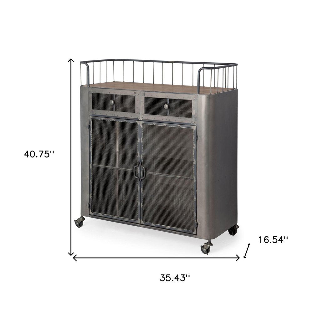 35" Gray Steel Metal And Wood Rolling Kitchen Bar Cart