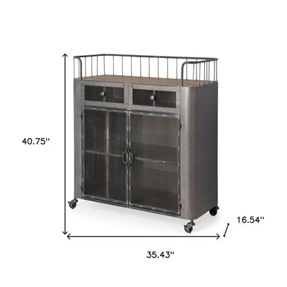 35" Gray Steel Metal And Wood Rolling Kitchen Bar Cart
