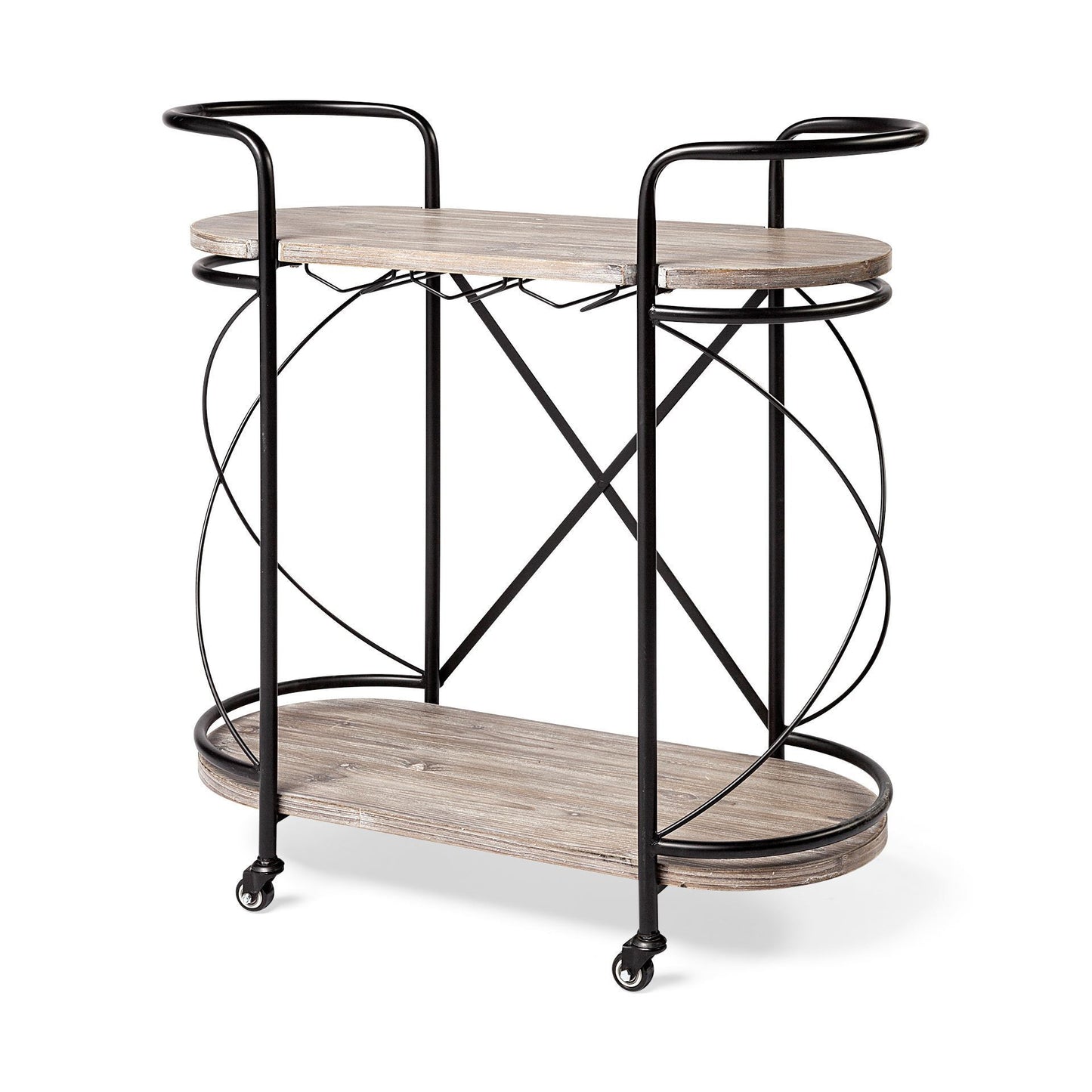 Cyclider Black Metal With Two Wooden Shelves Bar Cart