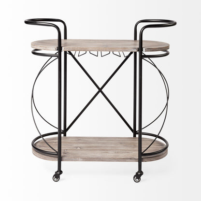 Cyclider Black Metal With Two Wooden Shelves Bar Cart