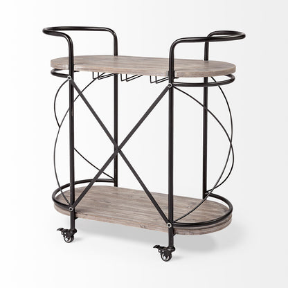 15" Black Solid Wood and Steel Round Rolling Kitchen Cart With Storage