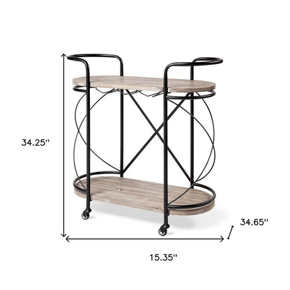 15" Black Solid Wood and Steel Round Rolling Kitchen Cart With Storage