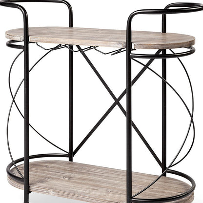 Cyclider Black Metal With Two Wooden Shelves Bar Cart