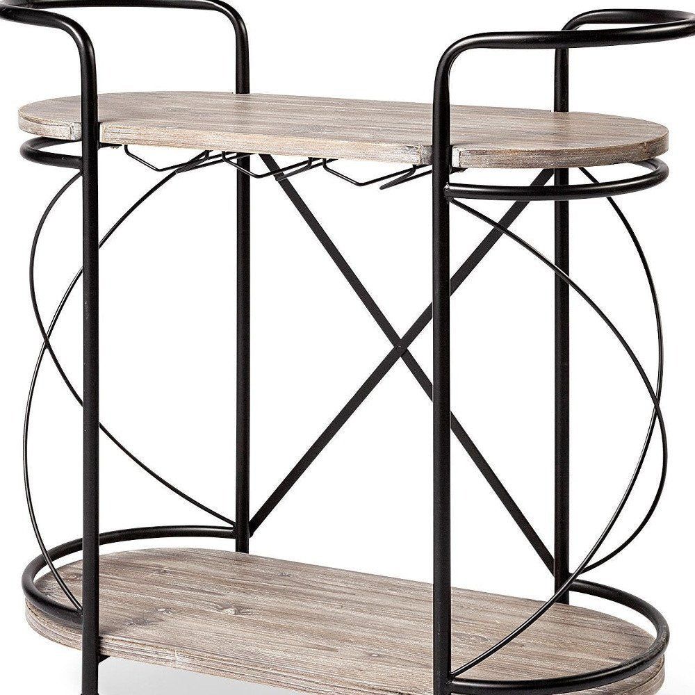 15" Black Solid Wood and Steel Round Rolling Kitchen Cart With Storage