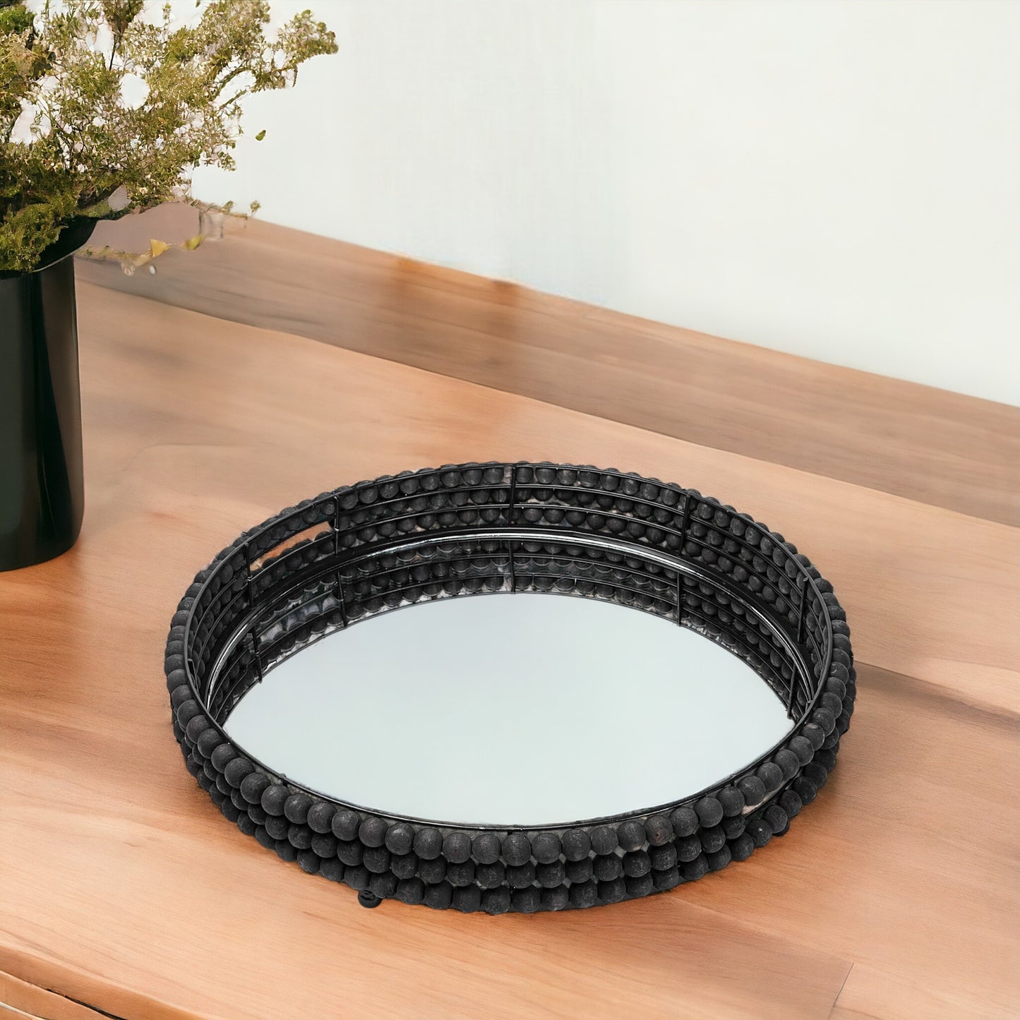 21" Matte Black Wood With Bead Mirrored Glass Bottom Round Tray