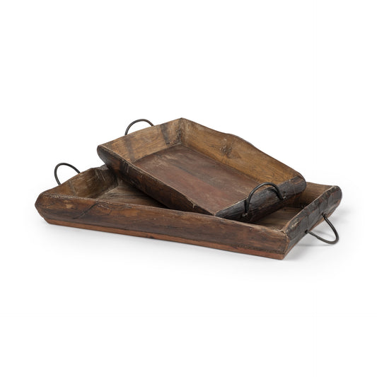 Set of Two Brown Rectangular Wood Indoor Outdoor Serving Tray With Handles