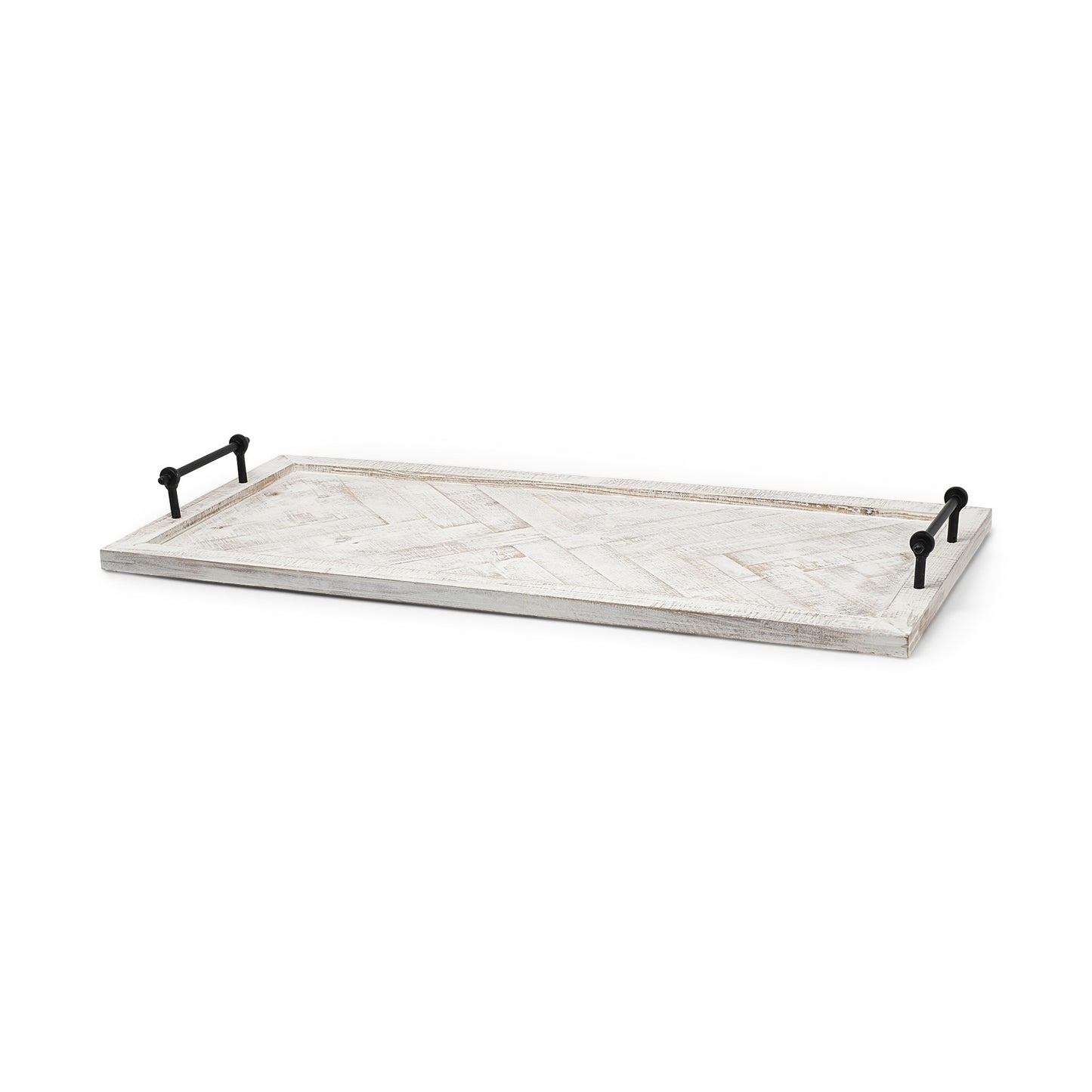 35" White and Natural Wood Indoor Outdoor Tray With Handles