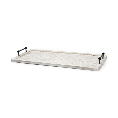 35" White and Natural Wood Indoor Outdoor Tray With Handles