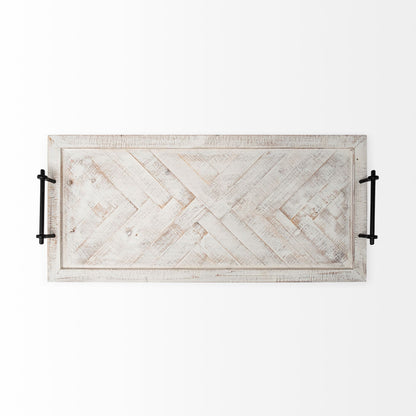 35" White and Natural Wood Indoor Outdoor Tray With Handles