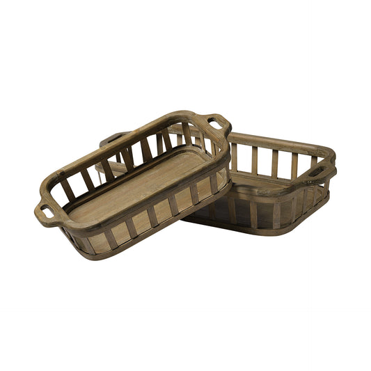 Set of Two Brown Wood Indoor Outdoor Tray With Handles