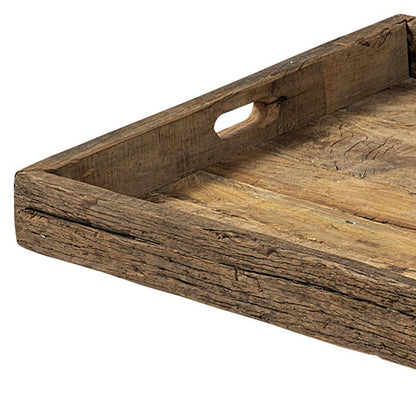 24" Brown Square Reclaimed Wood Tray With Handles