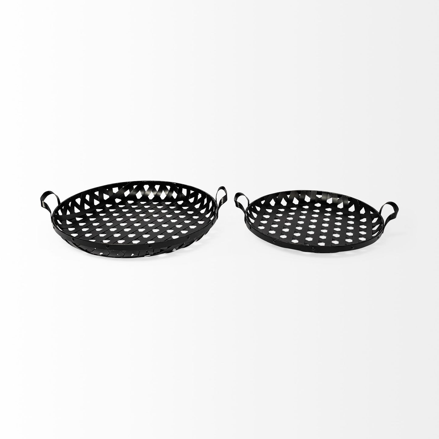 Set of Two Black Round Metal Indoor Outdoor Tray With Handles