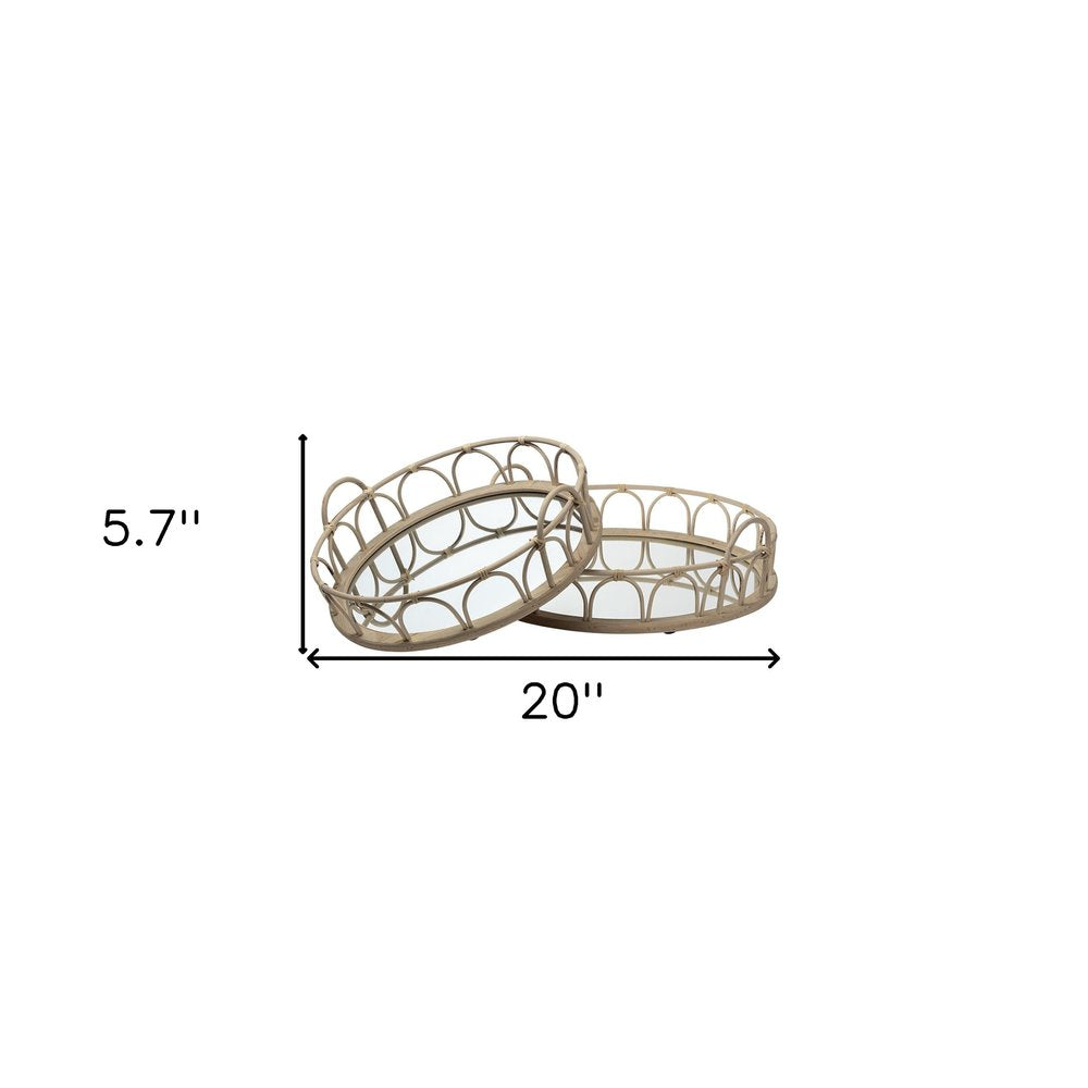 Set of Two Brown Round Wood Indoor Outdoor Vanity Tray With Handles