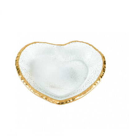 8" Mouth Blown Seeded Glass Heart Plate with Gold Rim