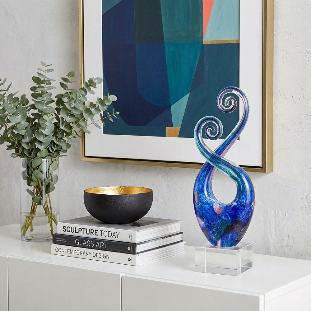 12" Blue and Green Murano Glass Modern Abstract Tabletop Sculpture