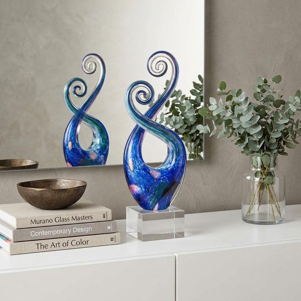 12" Blue and Green Murano Glass Modern Abstract Tabletop Sculpture