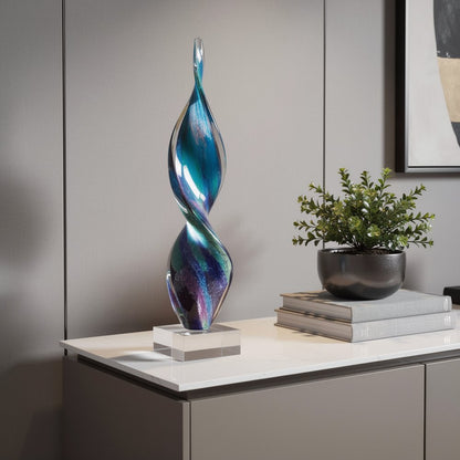 18" Blue and Green Murano Glass Modern Abstract Tabletop Sculpture