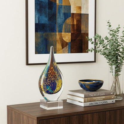 12" Blue and Yellow Murano Glass Modern Abstract Tabletop Sculpture
