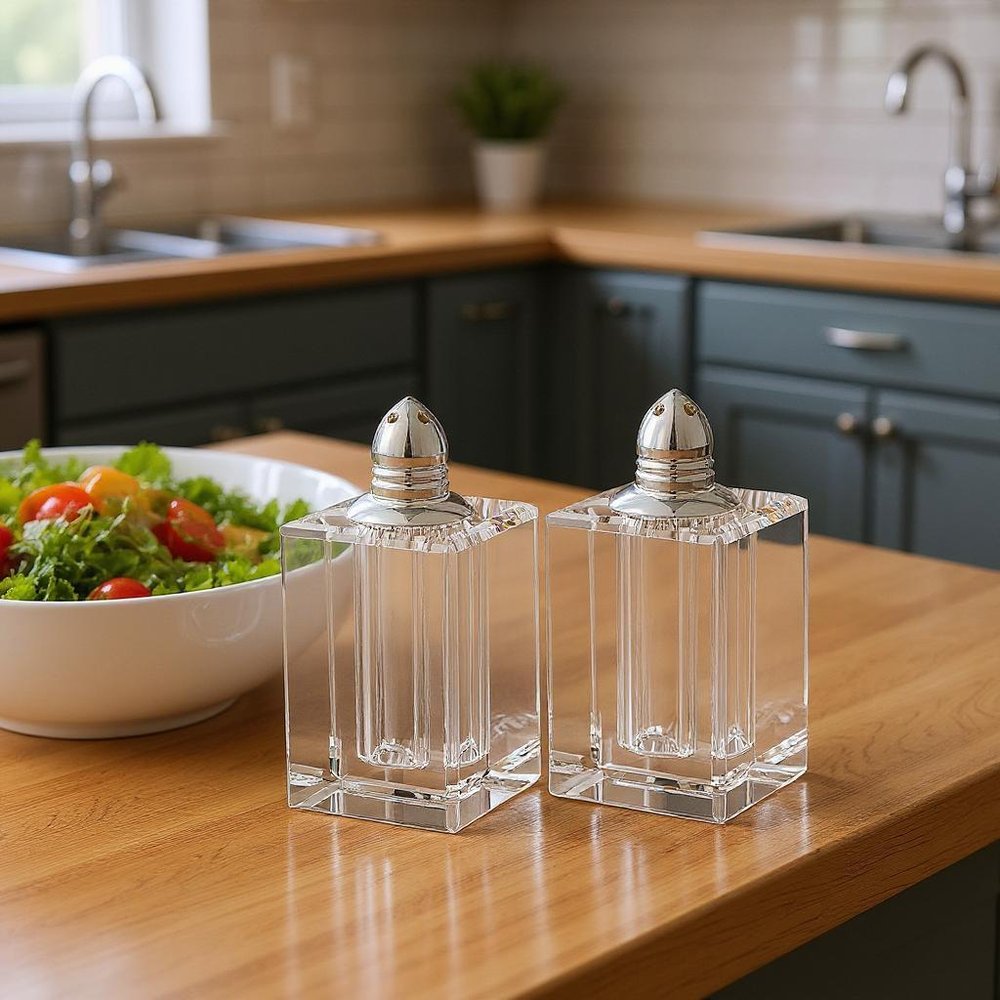 Set of Two Clear And Silver Crystal Pepper Shakers