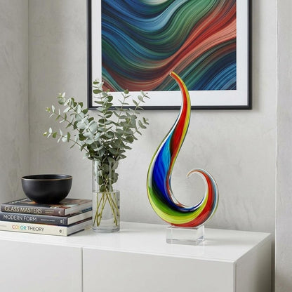12" Clear Red Blue Yellow Murano Glass Modern Abstract Tabletop Sculpture