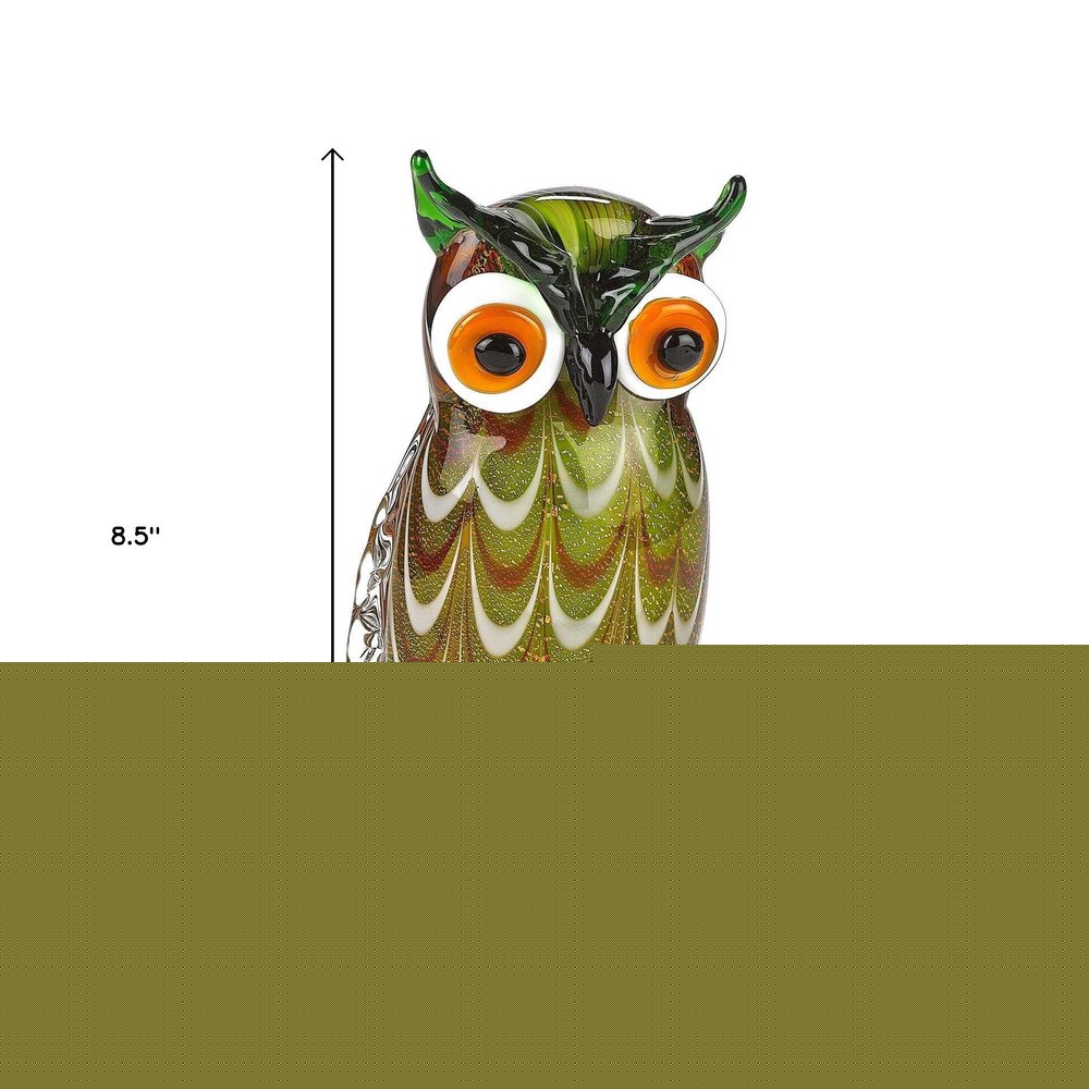 9" Green and White Murano Glass Owl Figurine Tabletop Sculpture