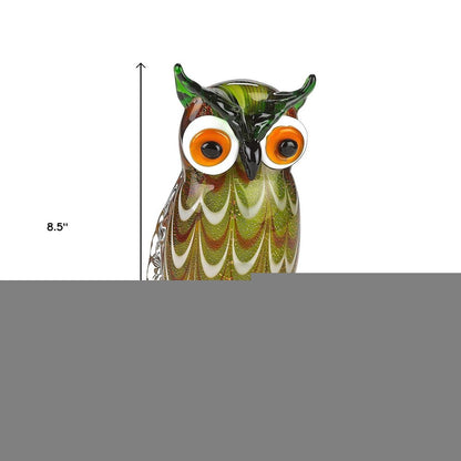 9" Green and White Murano Glass Owl Figurine Tabletop Sculpture