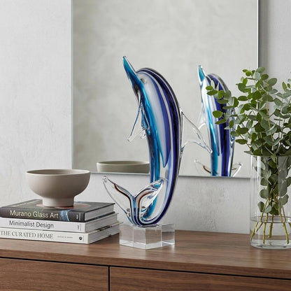 14" Blue Murano Glass Dolphin Figurine Tabletop Sculpture