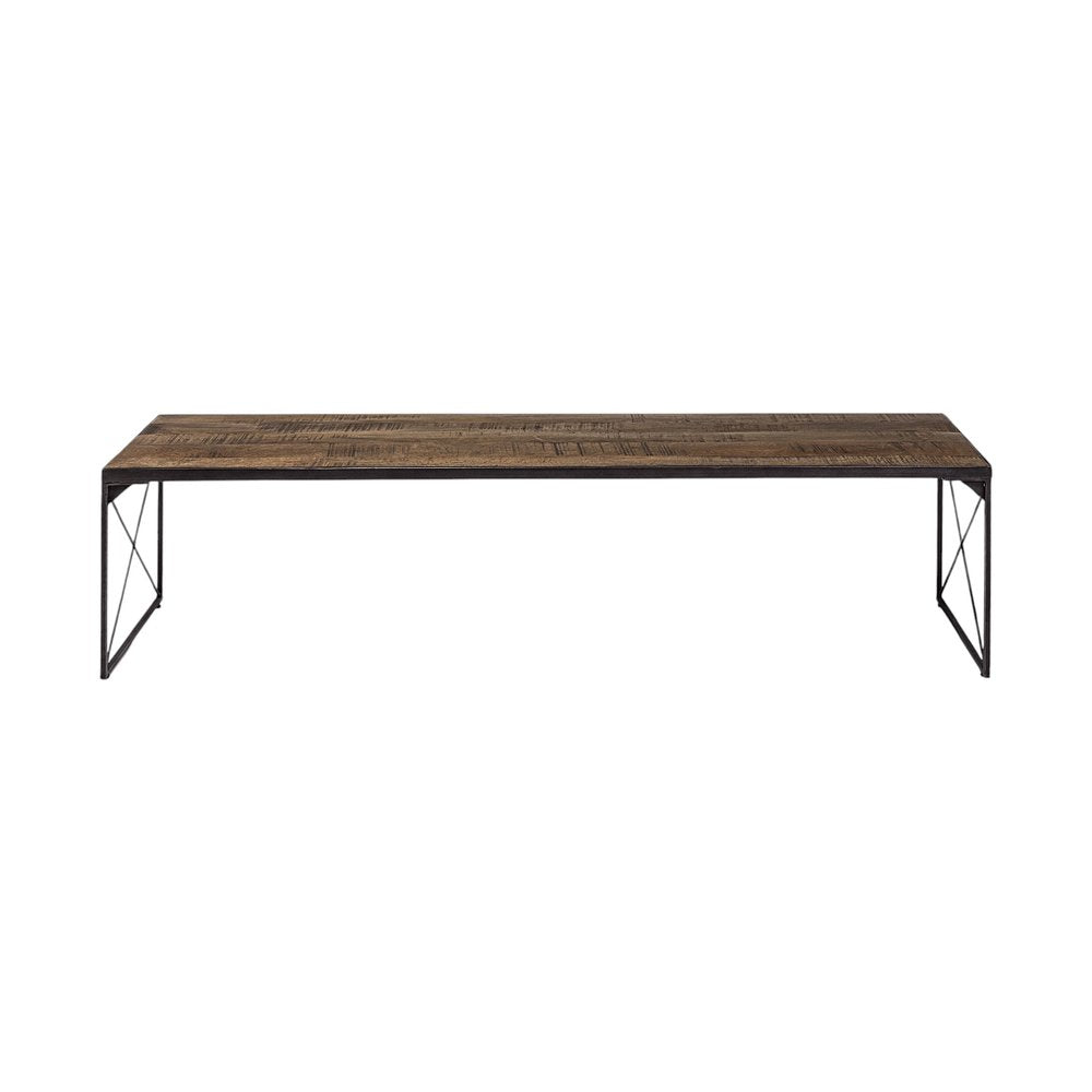 66" Brown And Black Iron and Solid Wood Bench