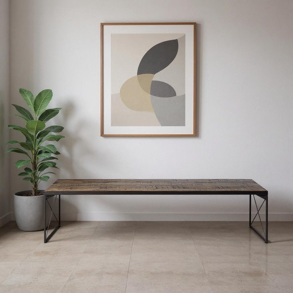 66" Brown And Black Iron and Solid Wood Bench