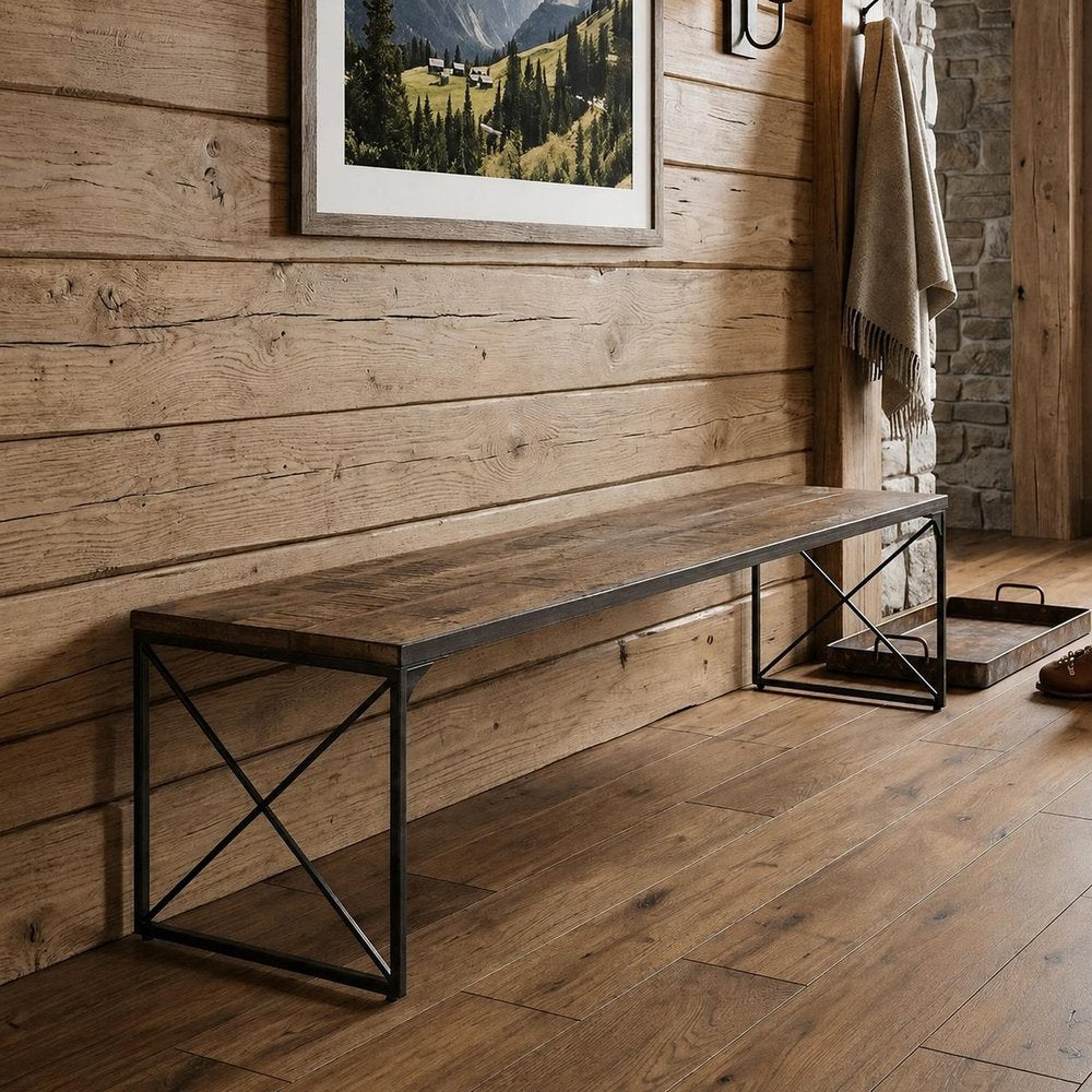 66" Brown And Black Metal and Solid Wood Bench