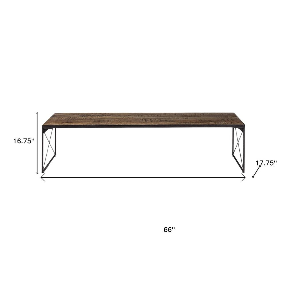 66" Brown And Black Metal and Solid Wood Bench