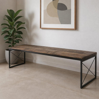 66" Brown And Black Iron and Solid Wood Bench