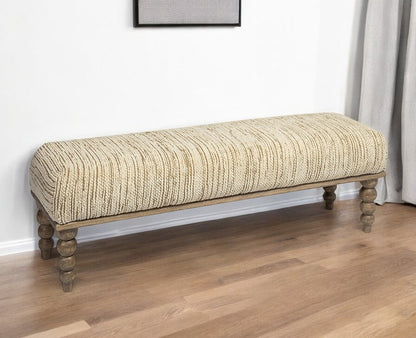 55" Cream And Brown Fabric And Solid Wood Upholstered Entryway Stool