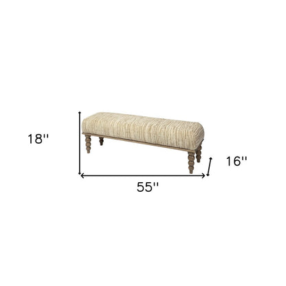 55" Cream And Brown Fabric And Solid Wood Upholstered Entryway Stool