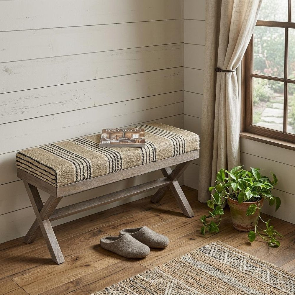 50" Beige Black And Brown Cotton Blend And Solid Wood Upholstered Entryway Stool