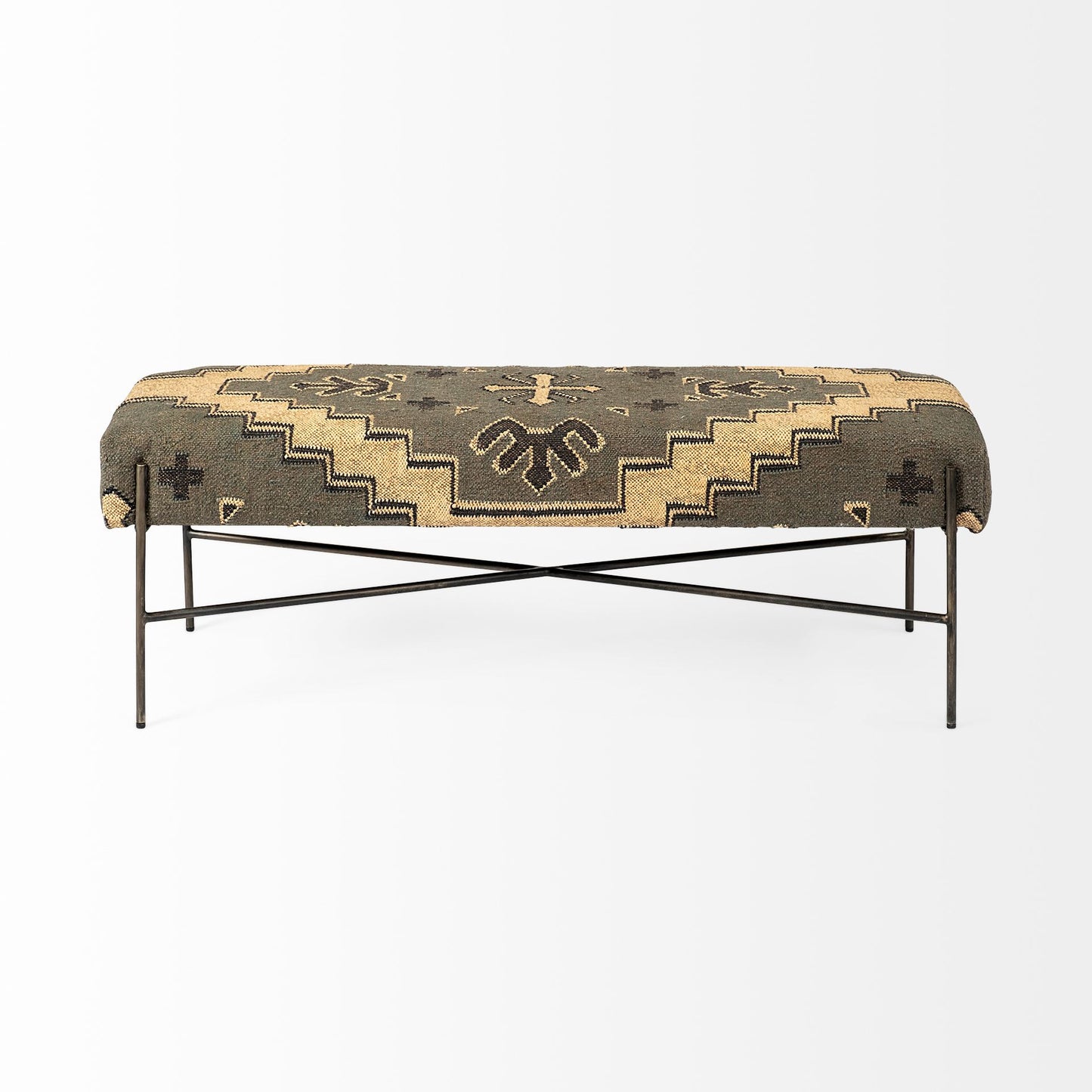 55" Green Brown and Black Upholstered Abstract Cotton Blend Bench