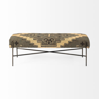 55" Green Brown and Black Upholstered Abstract Cotton Blend Bench