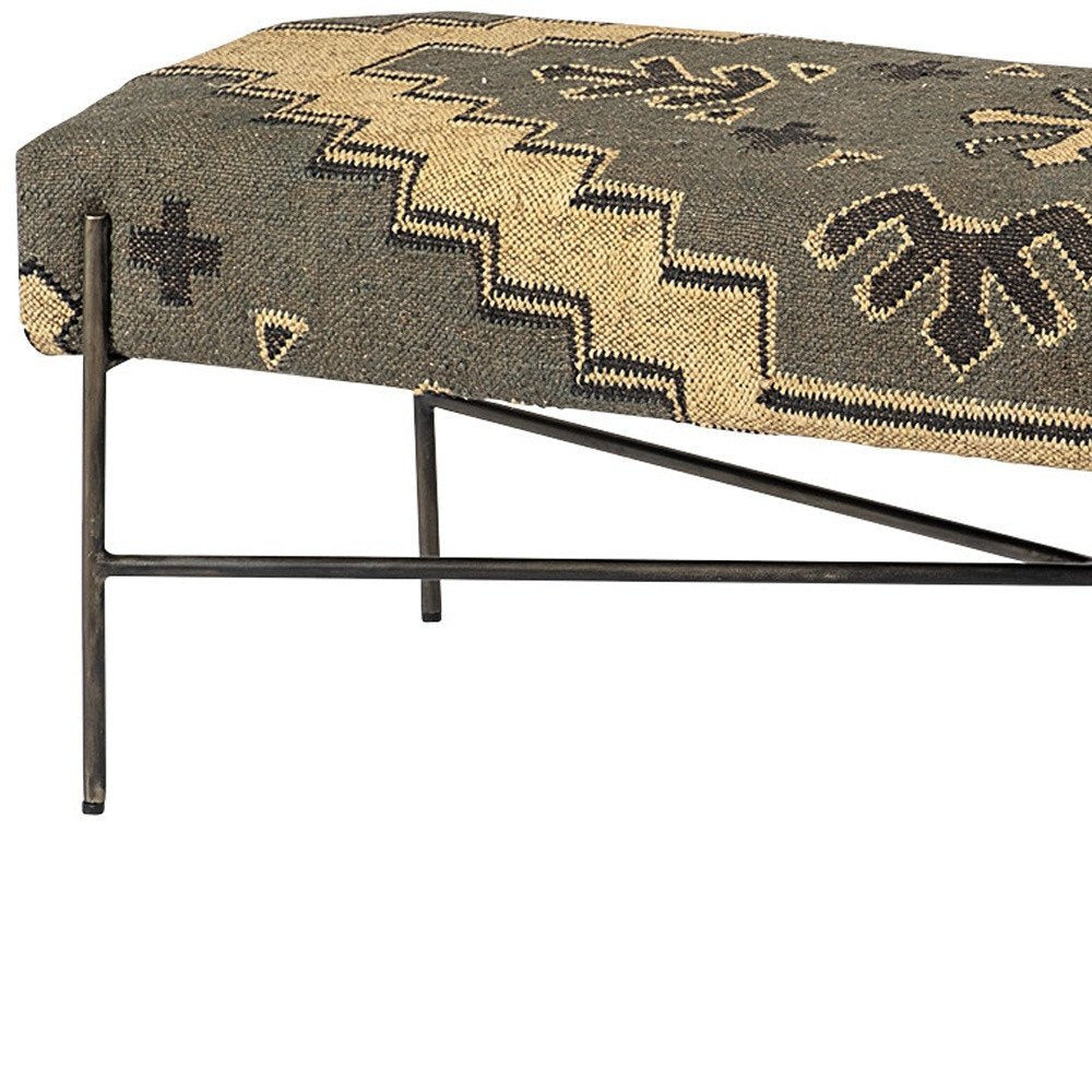 55" Green Brown and Black Upholstered Abstract Cotton Blend Bench